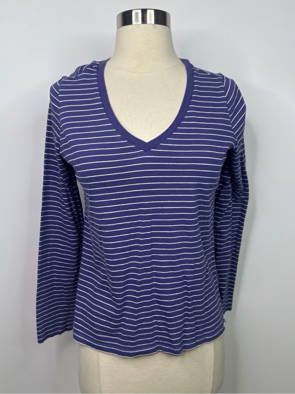 Pact Blue and White Striped V-Neck Long Sleeve Top